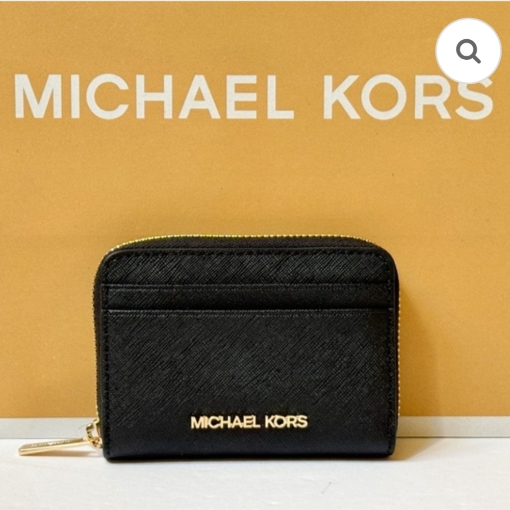 Michael Kors Jet Set Women Medium Zip Around Card Case Coin Pouch Wallet Black